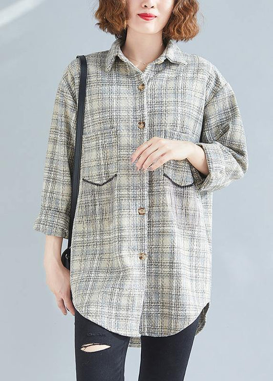Style khaki plaid tunic pattern baggy spring tops - SooLinen