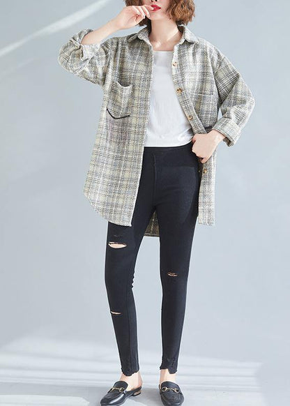 Style khaki plaid tunic pattern baggy spring tops - SooLinen