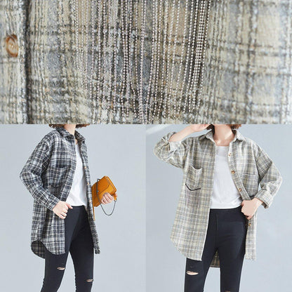 Style khaki plaid tunic pattern baggy spring tops - SooLinen