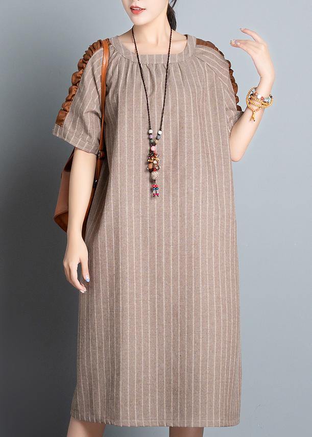 Style khaki striped cotton clothes For Women o neck patchwork Plus Size summer Dresses - SooLinen