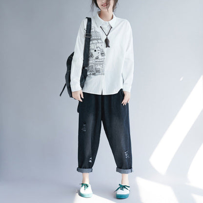 Stil Reverskragen Baumwolle Tunika Top Fashion Fabrics weiß Drucke Tunika Blusen Frühling