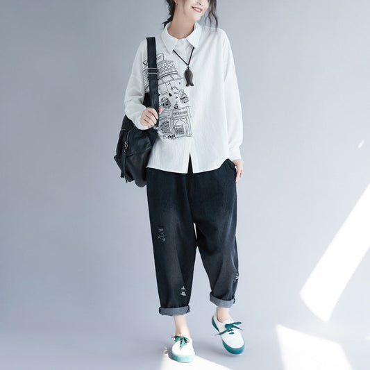 Stil Reverskragen Baumwolle Tunika Top Fashion Fabrics weiß Drucke Tunika Blusen Frühling