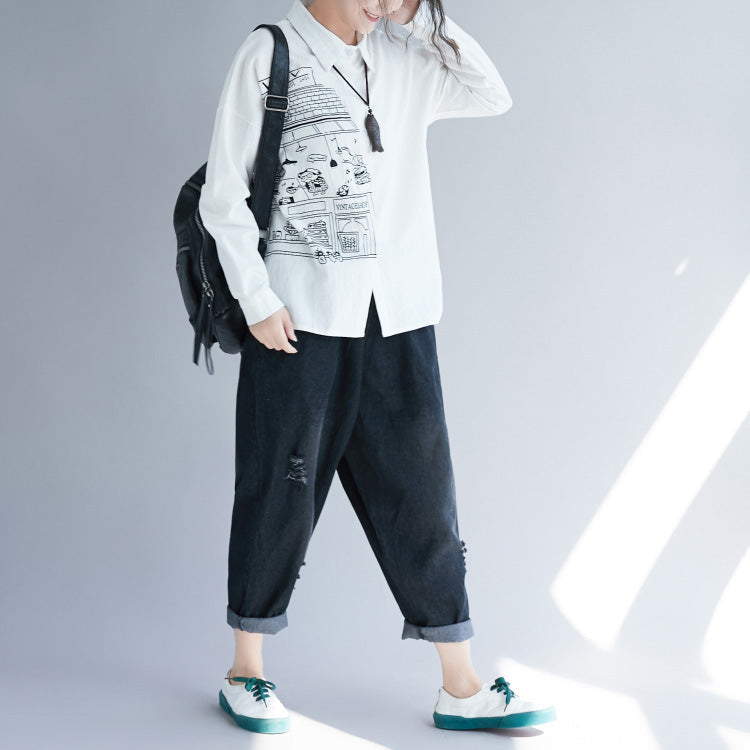 Stil Reverskragen Baumwolle Tunika Top Fashion Fabrics weiß Drucke Tunika Blusen Frühling