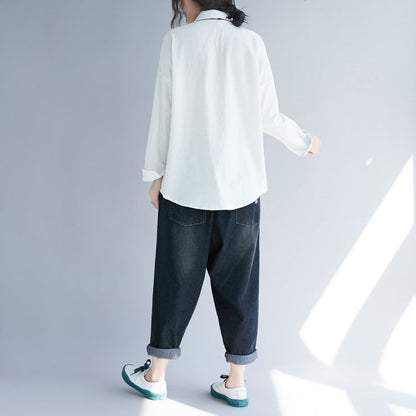 Stil Reverskragen Baumwolle Tunika Top Fashion Fabrics weiß Drucke Tunika Blusen Frühling