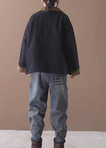 Style lapel patchwork Fashion coat black Plus Size Clothing coat - SooLinen