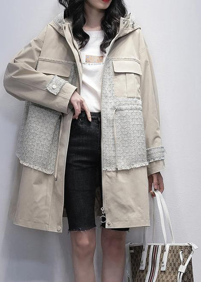 Style light beige Fine trench coat Work hooded patchwork  outwears - SooLinen