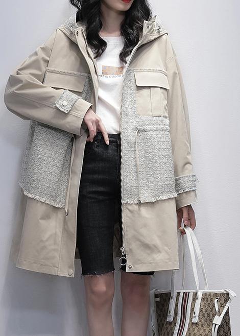 Style light beige Fine trench coat Work hooded patchwork  outwears - SooLinen