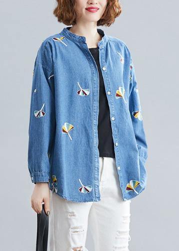 Style light blue cotton tunic pattern stand collar embroidery baggy spring tops - SooLinen