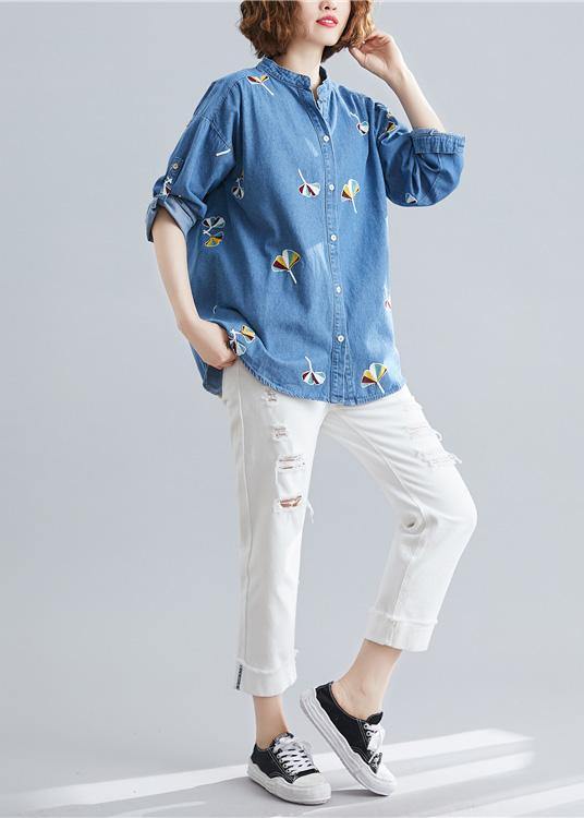 Style light blue cotton tunic pattern stand collar embroidery baggy spring tops - SooLinen