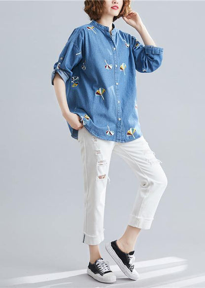 Style light blue cotton tunic pattern stand collar embroidery baggy spring tops - SooLinen