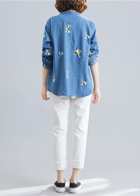 Style light blue cotton tunic pattern stand collar embroidery baggy spring tops - SooLinen