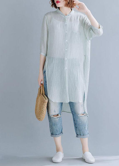 Style light green striped blended shirts side open box sunscreen summer tops - SooLinen