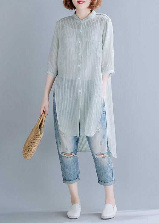 Style light green striped blended shirts side open box sunscreen summer tops - SooLinen