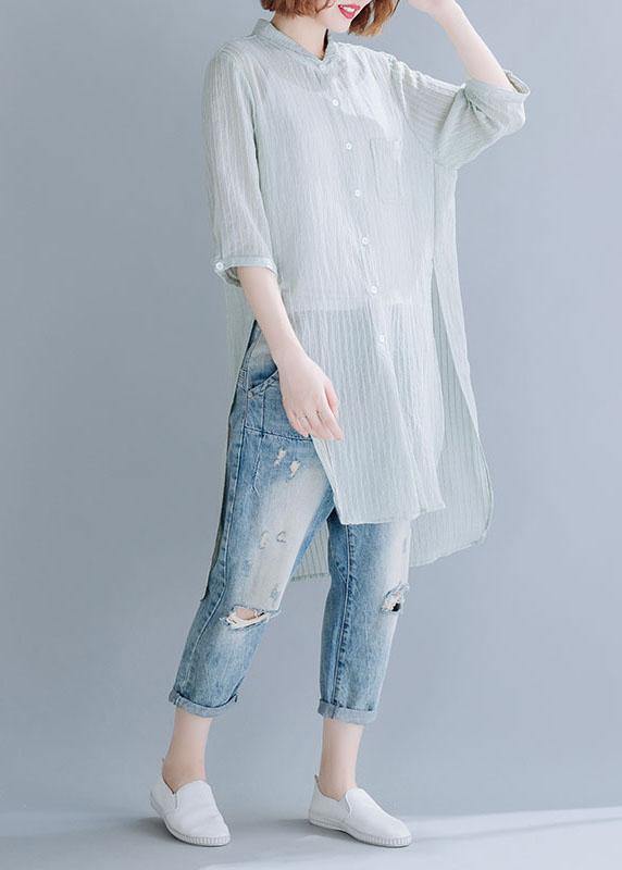 Style light green striped blended shirts side open box sunscreen summer tops - SooLinen