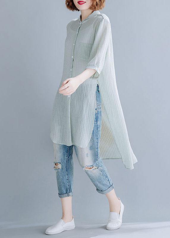 Style light green striped blended shirts side open box sunscreen summer tops - SooLinen