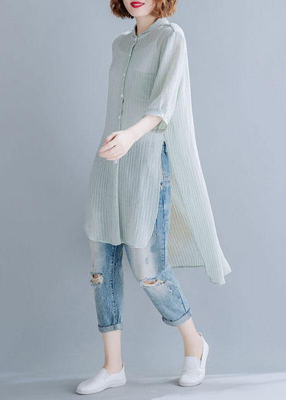 Style light green striped blended shirts side open box sunscreen summer tops - SooLinen