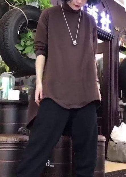 Style low high design cotton clothes For Women Fabrics khaki high neck shirt fall - SooLinen