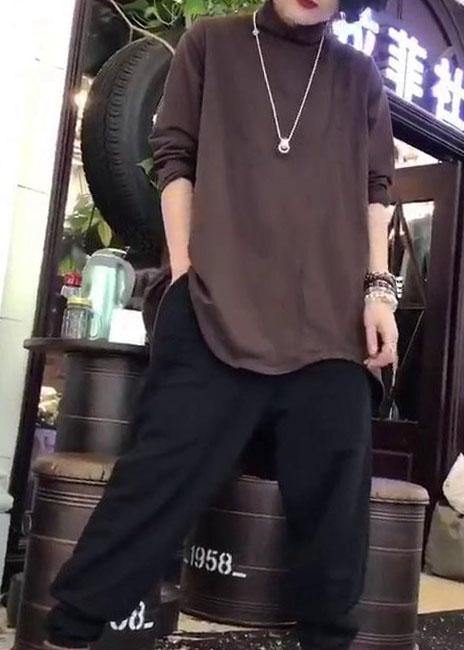 Style low high design cotton clothes For Women Fabrics khaki high neck shirt fall - SooLinen