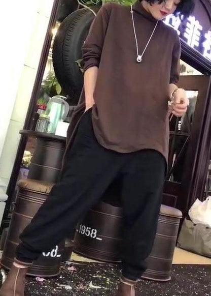 Style low high design cotton clothes For Women Fabrics khaki high neck shirt fall - SooLinen