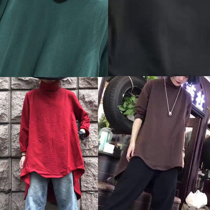 Style low high design cotton clothes For Women Fabrics khaki high neck shirt fall - SooLinen