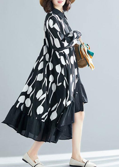 Style low high design cotton dress Work Outfits black prints shirt Dresses summer - SooLinen