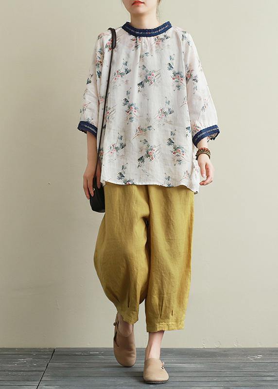 Style navy collar linen clothes For Women print patchwork daily blouses - SooLinen