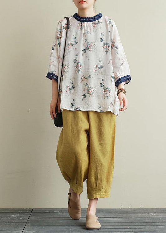 Style navy collar linen clothes For Women print patchwork daily blouses - SooLinen