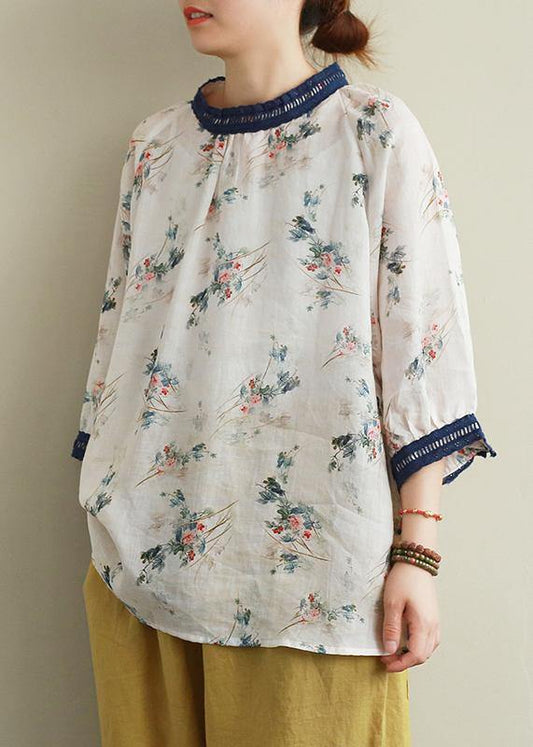 Style navy collar linen clothes For Women print patchwork daily blouses - SooLinen