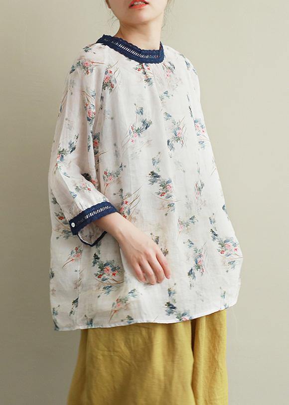 Style navy collar linen clothes For Women print patchwork daily blouses - SooLinen