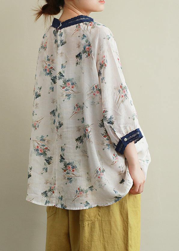 Style navy collar linen clothes For Women print patchwork daily blouses - SooLinen