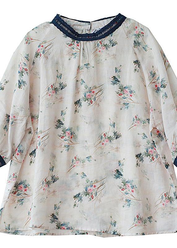 Style navy collar linen clothes For Women print patchwork daily blouses - SooLinen