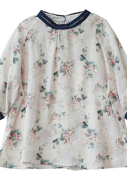 Style navy collar linen clothes For Women print patchwork daily blouses - SooLinen