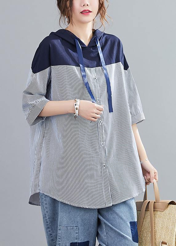 Style navy hooded cotton clothes patchwork baggy summer shirt - SooLinen