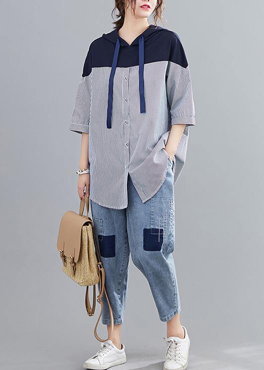 Style navy hooded cotton clothes patchwork baggy summer shirt - SooLinen