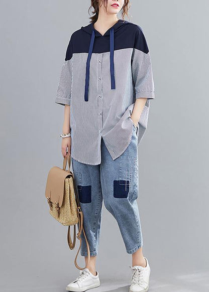 Style navy hooded cotton clothes patchwork baggy summer shirt - SooLinen