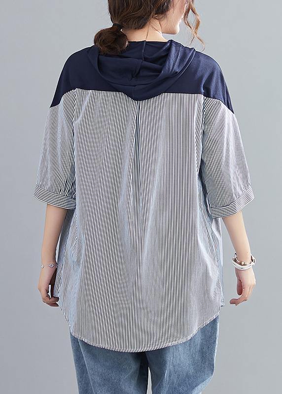 Style navy hooded cotton clothes patchwork baggy summer shirt - SooLinen