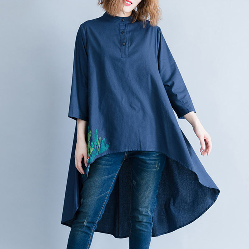 Stil marineblaue Leinen-Baumwoll-Tunikas für Frauen Lässiger Ausschnitt asymmetrische Art-Shirt-Kleider