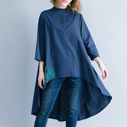 Stil marineblaue Leinen-Baumwoll-Tunikas für Frauen Lässiger Ausschnitt asymmetrische Art-Shirt-Kleider