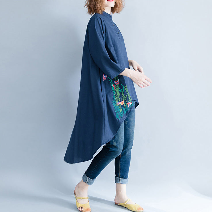 Stil marineblaue Leinen-Baumwoll-Tunikas für Frauen Lässiger Ausschnitt asymmetrische Art-Shirt-Kleider