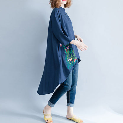 Stil marineblaue Leinen-Baumwoll-Tunikas für Frauen Lässiger Ausschnitt asymmetrische Art-Shirt-Kleider