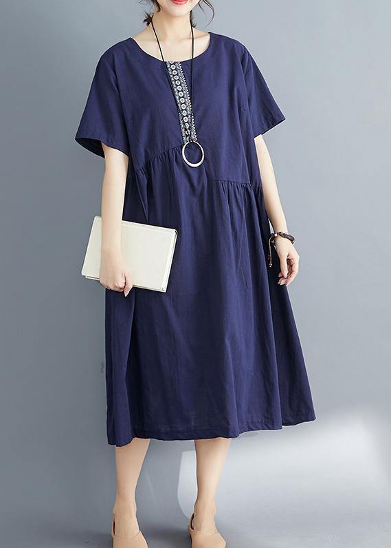Style navy linen dress plus size Outfits o neck patchwork oversized Summer Dress - SooLinen