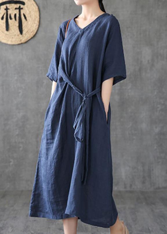 Style navy linen dresses v neck tunic linen robes summer Dress - SooLinen