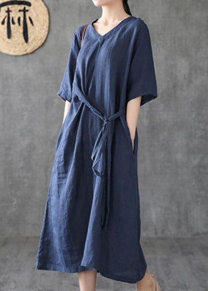 Style navy linen dresses v neck tunic linen robes summer Dress - SooLinen