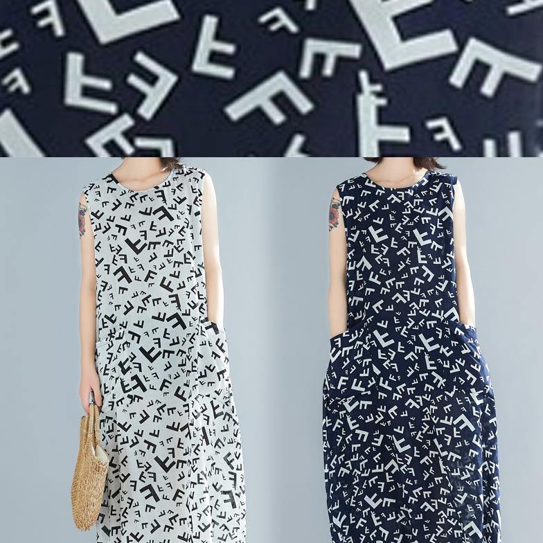 Style navy print cotton dresses o neck sleeveless A Line summer Dress - SooLinen