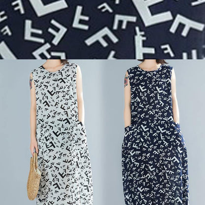 Style navy print cotton dresses o neck sleeveless A Line summer Dress - SooLinen