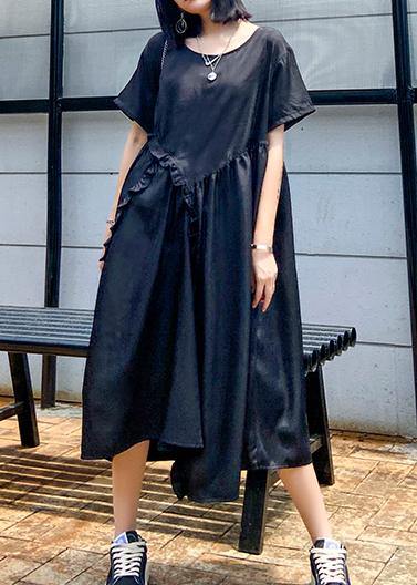 Style o neck Ruffles patchwork outfit pattern black Kaftan Dresses - SooLinen