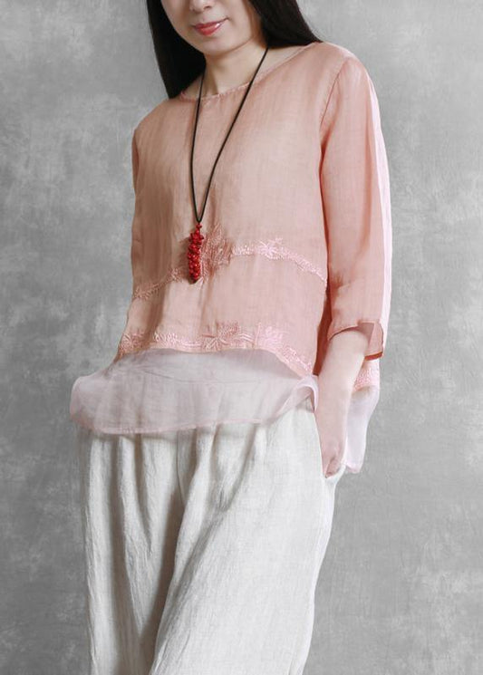 Style o neck asymmetric clothes Tunic Tops pink blouses - SooLinen