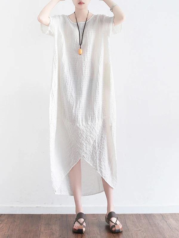 Style o neck asymmetric cotton clothes Shirts white Plus Size Dress summer - SooLinen
