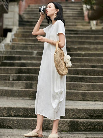 Style o neck asymmetric cotton dress Sewing nude Traveling Dress summer - SooLinen