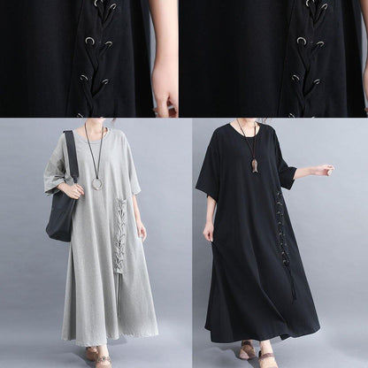 Style o neck cotton clothes Outfits gray half sleeve Dresses summer - SooLinen